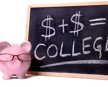 A pink piggy bank with glasses sits beside a chalkboard displaying the equation "$ + $ = College," reminding you of the costs that federal student loans can help cover.