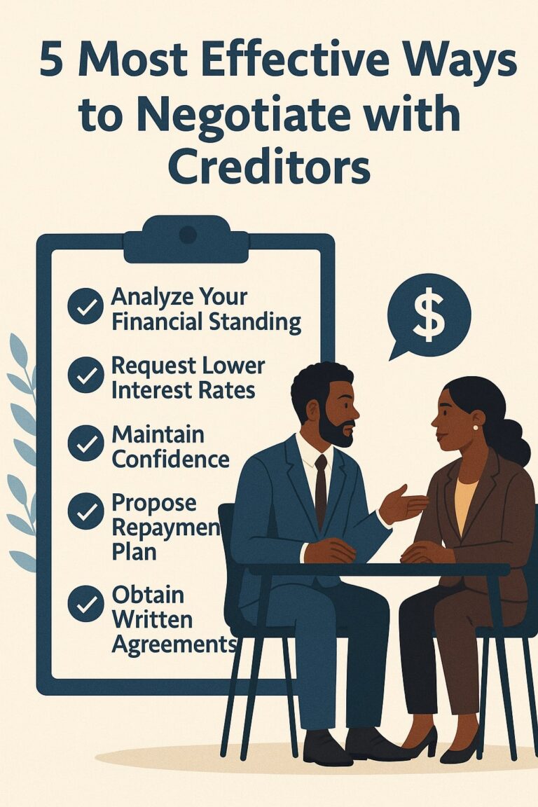 Categories 18 Two people sit at a table discussing how to negotiate with creditors, with a checklist titled "5 Most Effective Ways to Negotiate with Creditors" displayed in the background.