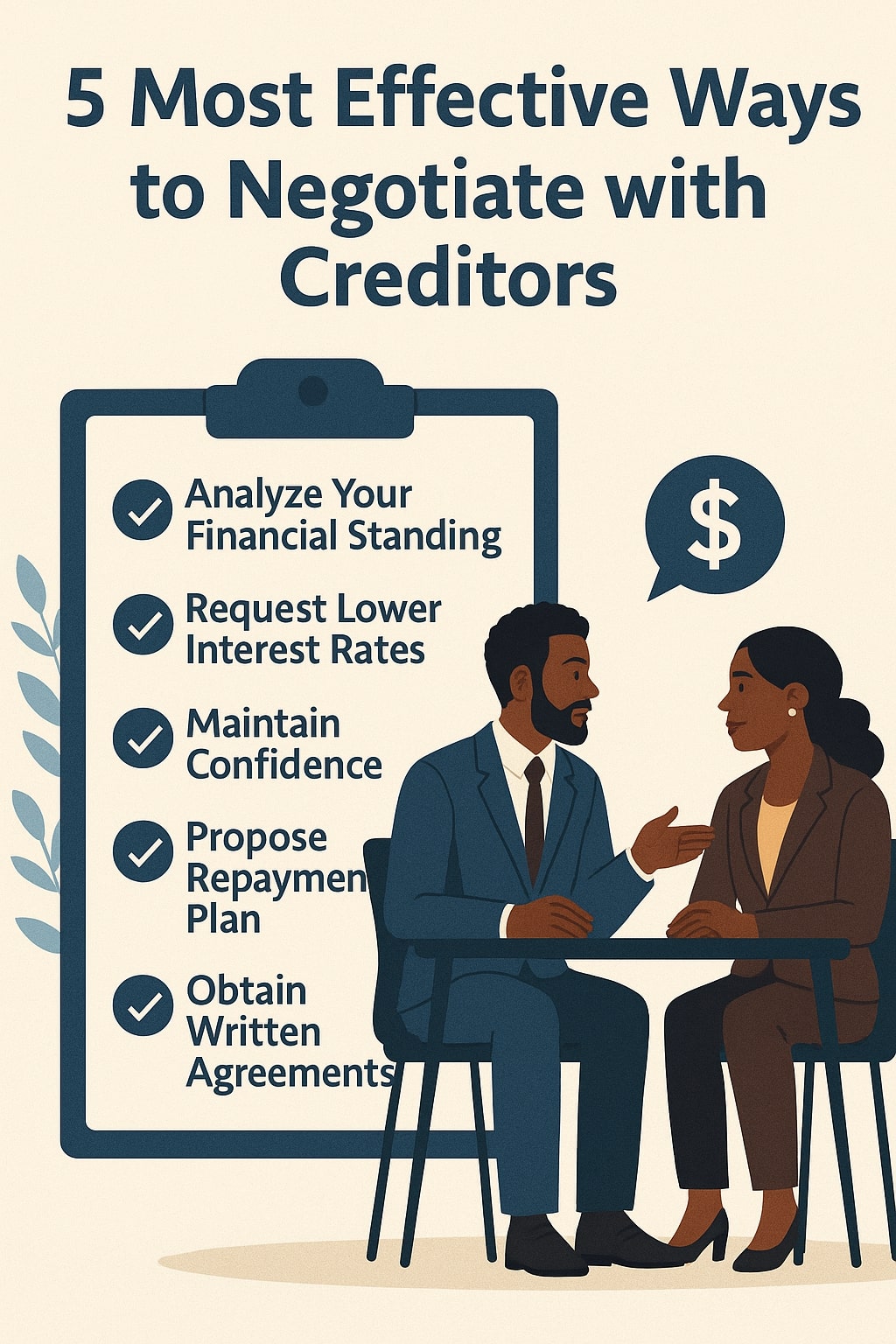 Two people sit at a table discussing how to negotiate with creditors, with a checklist titled "5 Most Effective Ways to Negotiate with Creditors" displayed in the background.