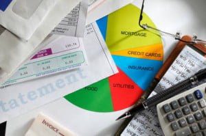 A cluttered desk with financial documents, a pie chart categorized into expenses, a calculator, a pair of glasses, and a notepad filled with budget notes.