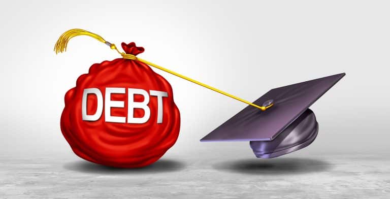 A red sack labeled "DEBT" is tied to a graduation cap by a yellow cord, serving as a stark reminder of the importance of credit management and budget planning.