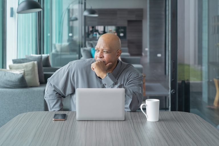 Elderly Black American Man, African Person Working From Home