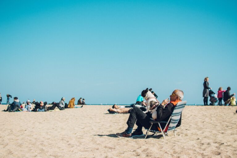 A man sits on a beach chair holding a dog, surrounded by people relaxing on the sandy beach under a clear blue sky. Nearby, a financial planner unwinds, proving even experts need to budget time for relaxation.