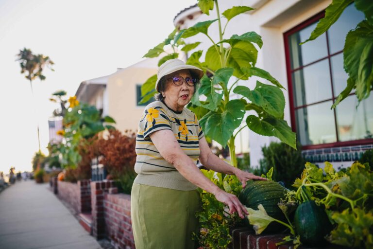 Elderly woman in a hat tending to her garden with large green plants and vegetables, skillfully budgeting her time in a peaceful residential area.