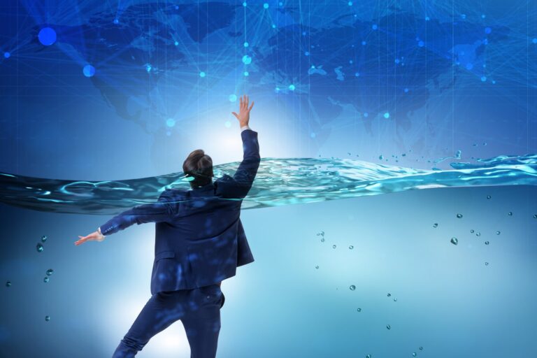 A man in a suit appears to be underwater, reaching towards the surface, with digital connections and a map in the background—an intriguing metaphor for navigating the complexities of credit and budgeting as a financial planner.