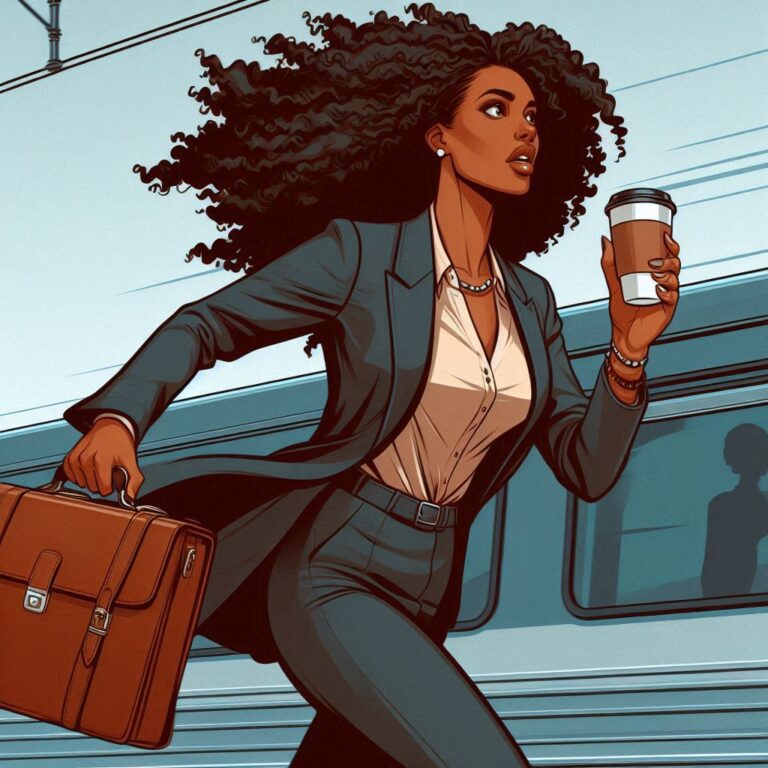 A person in a suit sprints beside a moving train, balancing a coffee cup and briefcase. This image subtly addresses the disparity in pace that professionals often face, highlighting the challenges akin to tackling the motherhood pay gap while keeping up with life's demands.