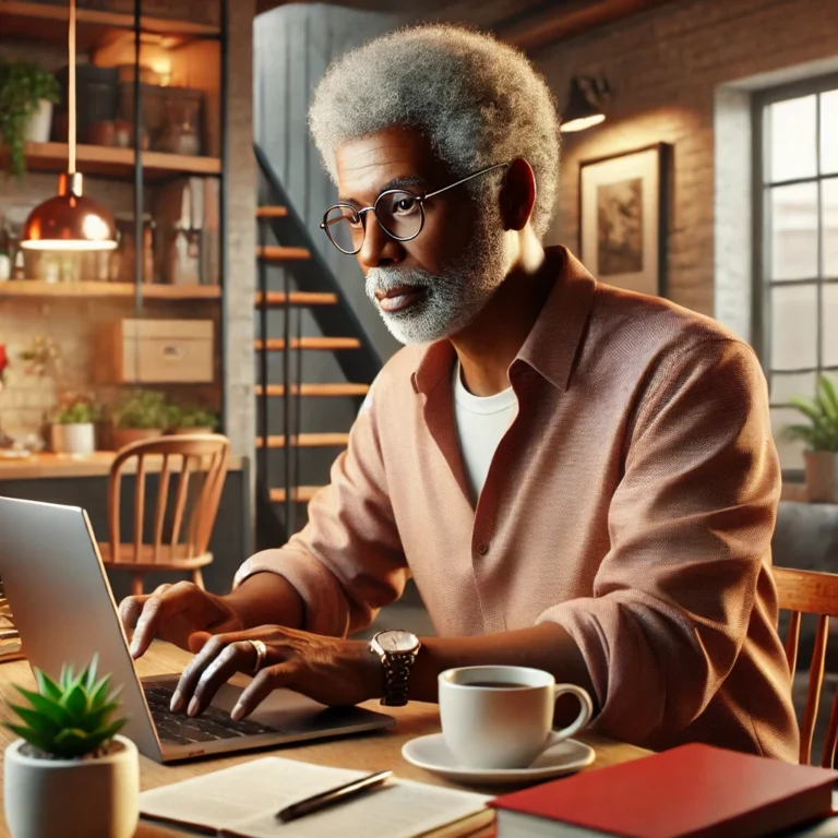 Categories 8 An African American retiree in their 60s working on a side hustle at a cozy home office. The retiree, dressed casually with short gray hair and glasses, uses a laptop while enjoying a cup of coffee. The inviting office features warm lighting, bookshelves, and plants, symbolizing the growing trend of retirees engaging in side hustles for supplemental income and mental engagement in their golden years. retiree side hustle