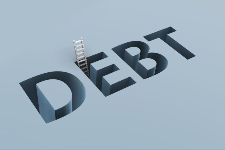 Illustration of the word 'debt' with a ladder symbolizing an escape, representing signs of too much debt and strategies for overcoming financial challenges.