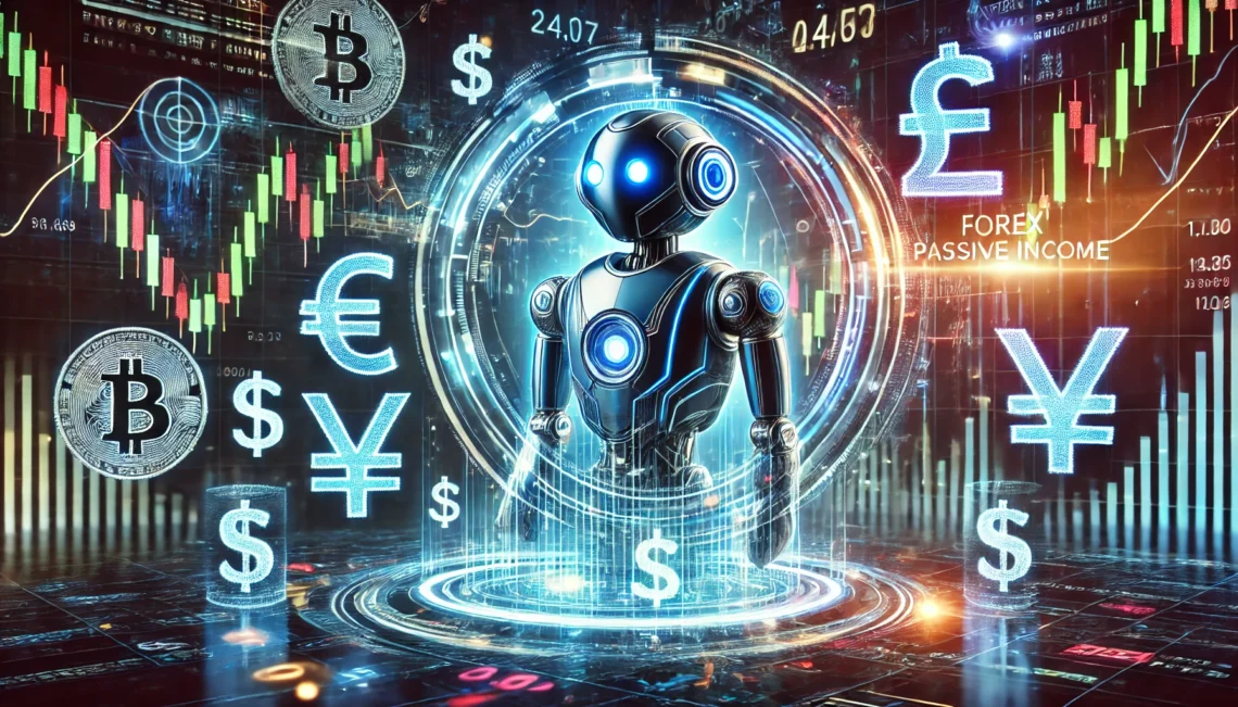 A glowing trading bot surrounded by holographic currency symbols and stock charts, symbolizing Forex passive income and automation.