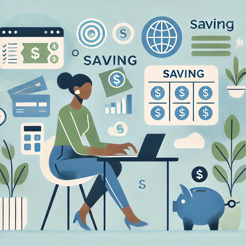 Minimalist illustration of an African American student managing finances, featuring icons for budgeting, saving, and financial planning, highlighting money management tips for students.