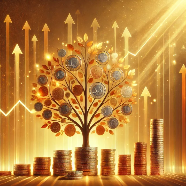 Maximize your savings with an abstract depiction of financial growth, featuring a tree made of golden and bronze coins. The tree's branches and leaves seamlessly transition into subtle upward-pointing arrows, symbolizing consistent progress in savings. Warm tones of orange and yellow blend softly in the background, evoking stability and optimism, with gentle light rays enhancing the feeling of growth and positivity.