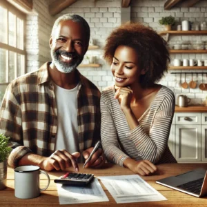 African American couple in their 50s reviewing finances at a kitchen table with documents, calculator, and laptop, symbolizing choosing a financial advisor.