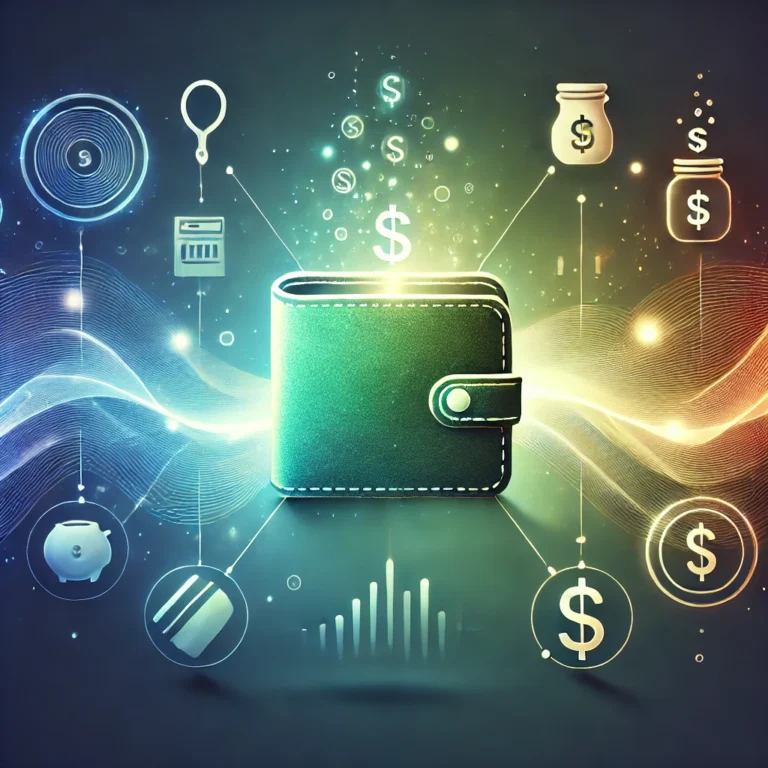 An abstract image of a glowing wallet with light trails, surrounded by savings jars, coins, and dollar symbols, representing mindful spending and financial balance.