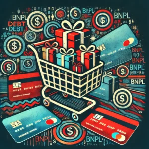 Abstract image showing a shopping cart filled with gifts surrounded by visual elements representing Buy Now Pay Later services, overlapping payment plans, and financial stress during the holiday season.