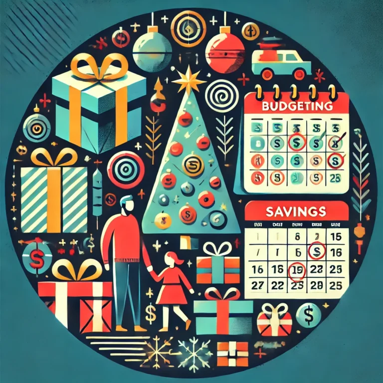 Abstract illustration showcasing a holiday spending plan with wrapped gifts, a decorated tree, and icons for budgeting, savings, and financial management during the festive season.