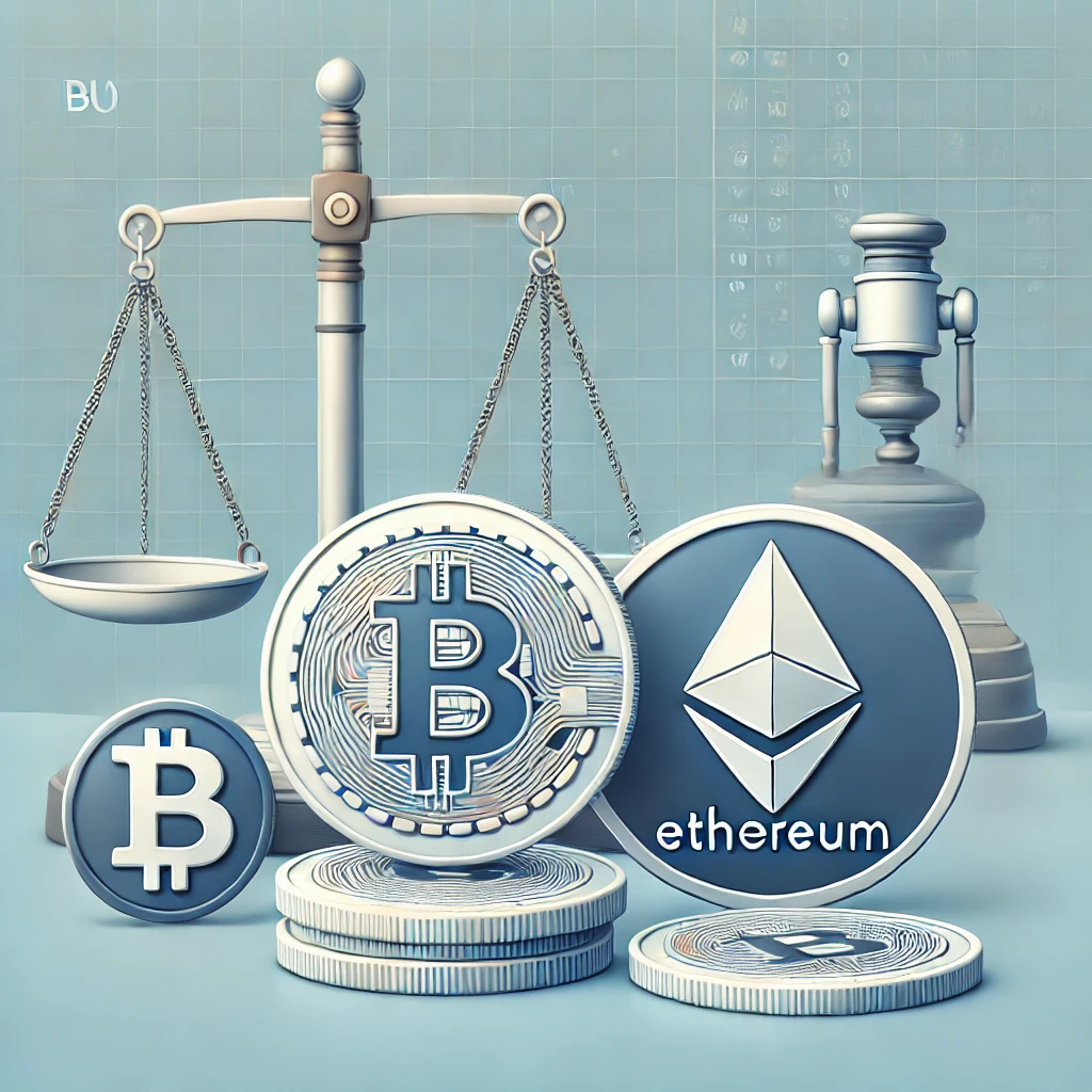 Close-up image of Bitcoin and Ethereum coins symbolizing blockchain technology and decentralized finance, with a focus on the legal framework a DAO lawyer provides to navigate compliance, liability, and governance issues.