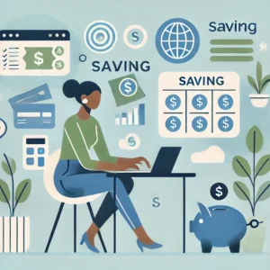 Minimalist illustration of an African American student managing finances, featuring icons for budgeting, saving, and financial planning, highlighting money management tips for students.