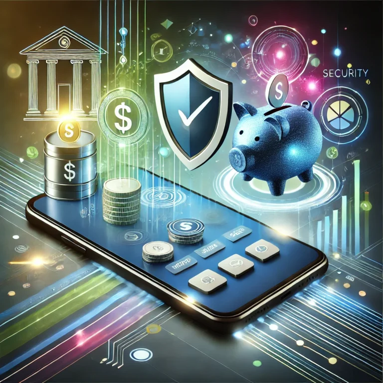 Abstract illustration representing digital banking with a sleek smartphone, glowing financial icons, and futuristic digital circuits, symbolizing security, innovation, and connectivity.