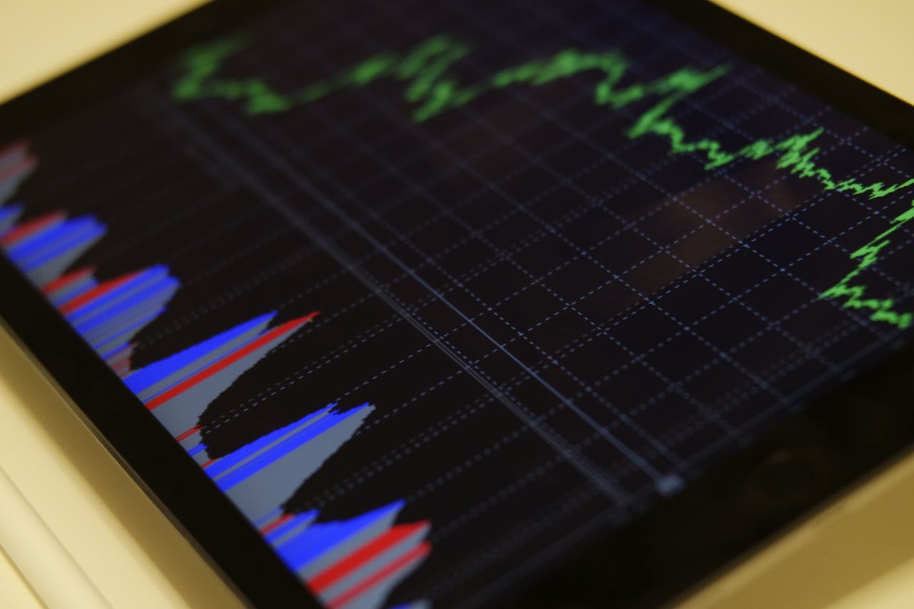 Forex trading bots analyzing a digital chart with candlestick patterns and bar graphs for market insights.