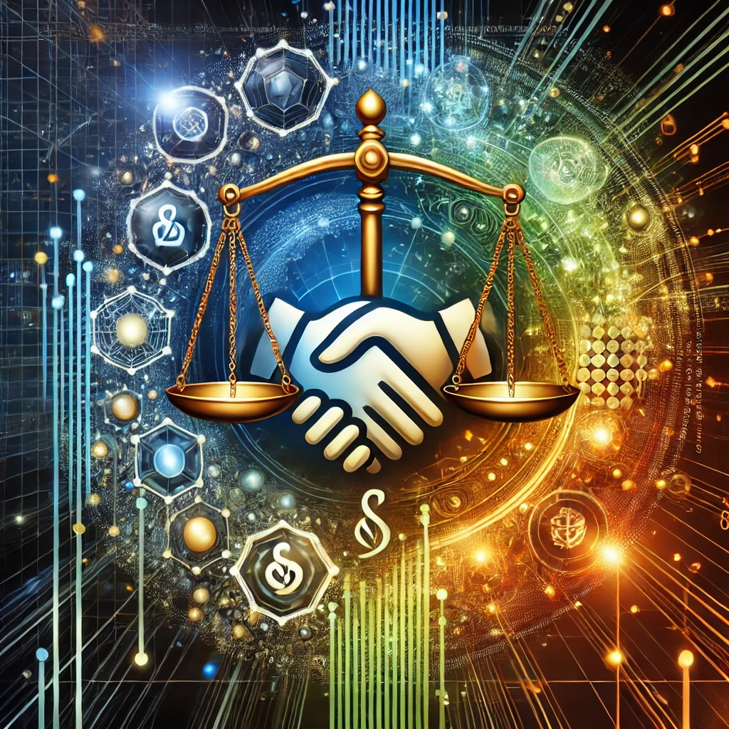 "Abstract illustration representing the process of selling a business, featuring symbolic elements like scales for valuation, interconnected nodes for buyer-seller networks, and a glowing handshake symbolizing trust, aligned with the theme 'sell my business'."