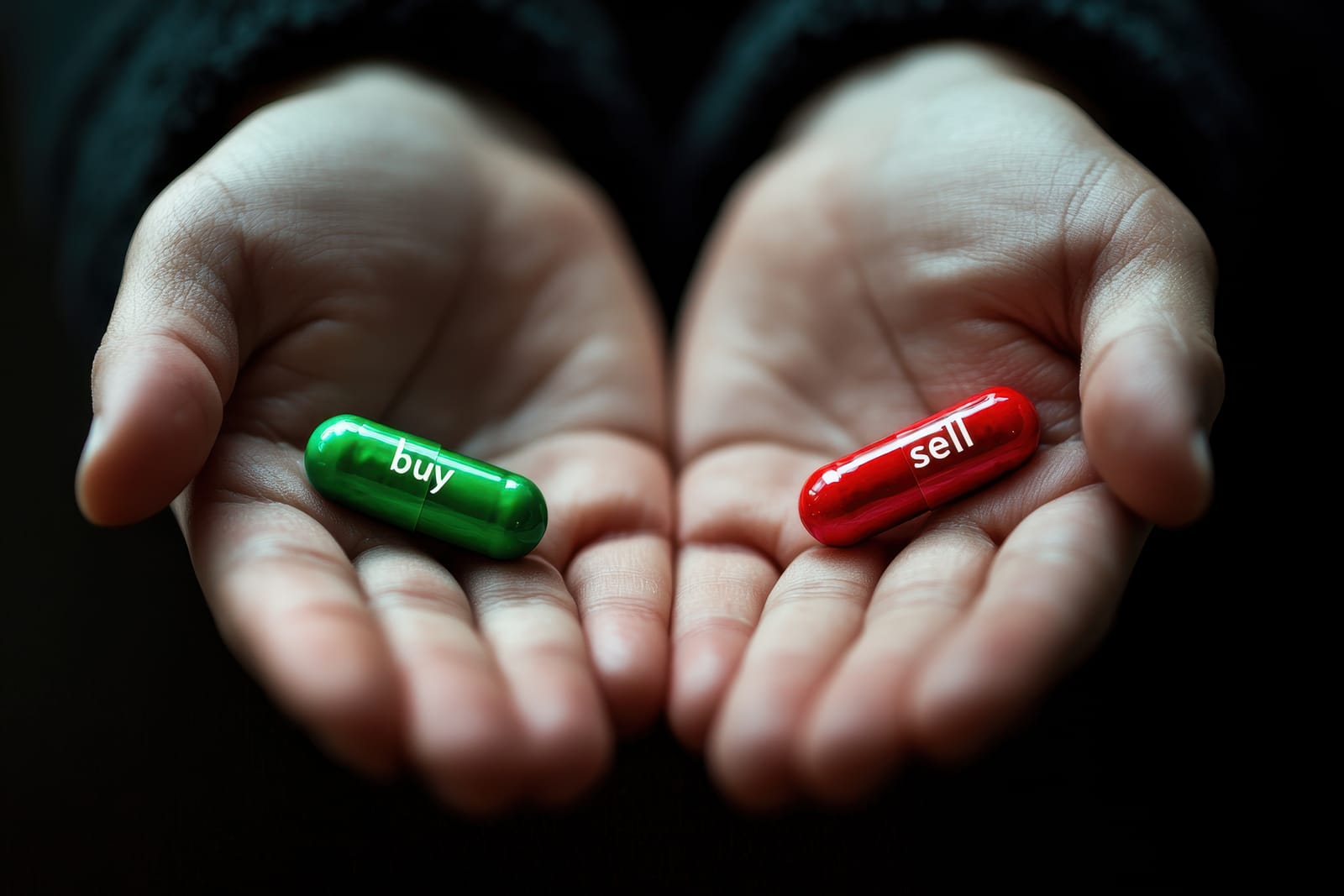 Hands apprehensively clutch a green pill labeled "buy" alongside a red pill marked "sell," symbolizing the fear of selling, all set against a dark background.