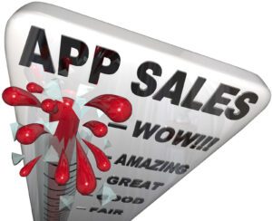 A thermometer graphic labeled "APP SALES," with red liquid overflowing past "WOW!!!" highlights the success of money-making apps, indicating astonishingly high sales.