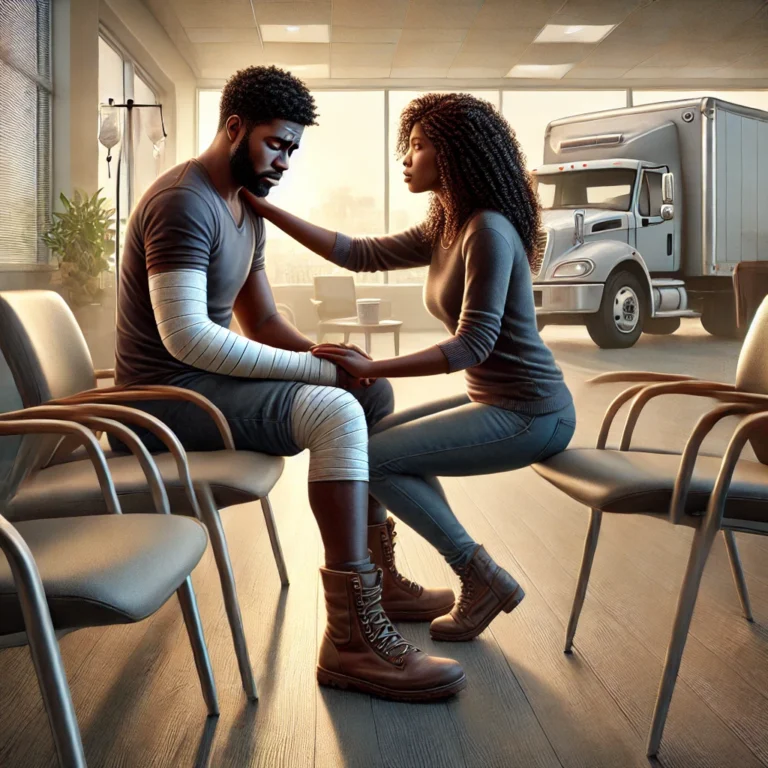 An African American couple sitting in a hospital waiting room, depicting the emotional aftermath of a spouse in a truck accident.