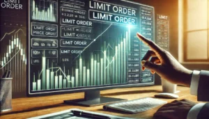 A digital illustration showing a stock trading interface on a computer screen with a chart of ascending green candles and a limit price marker, while the hands of a Black man point to the limit order section. The background features a professional desk setup with documents and a pen, softly lit by natural light from a nearby window, emphasizing financial strategy and precision.