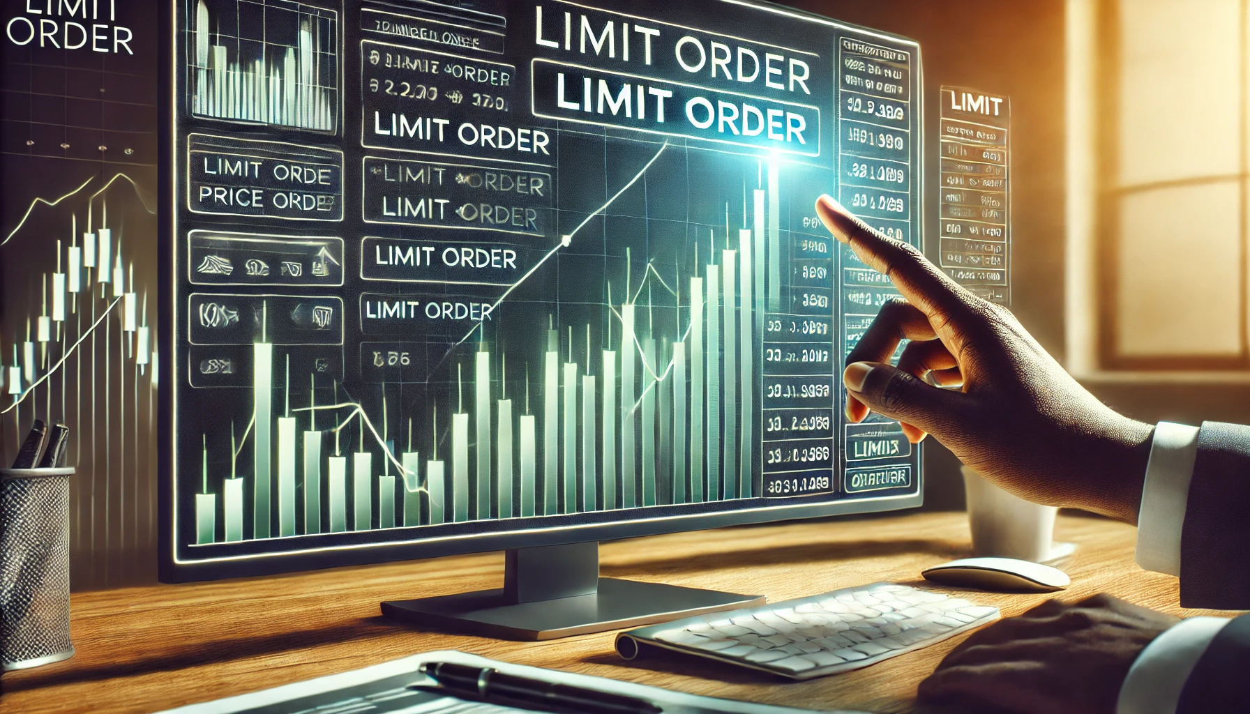 A digital illustration showing a stock trading interface on a computer screen with a chart of ascending green candles and a limit price marker, while the hands of a Black man point to the limit order section. The background features a professional desk setup with documents and a pen, softly lit by natural light from a nearby window, emphasizing financial strategy and precision.