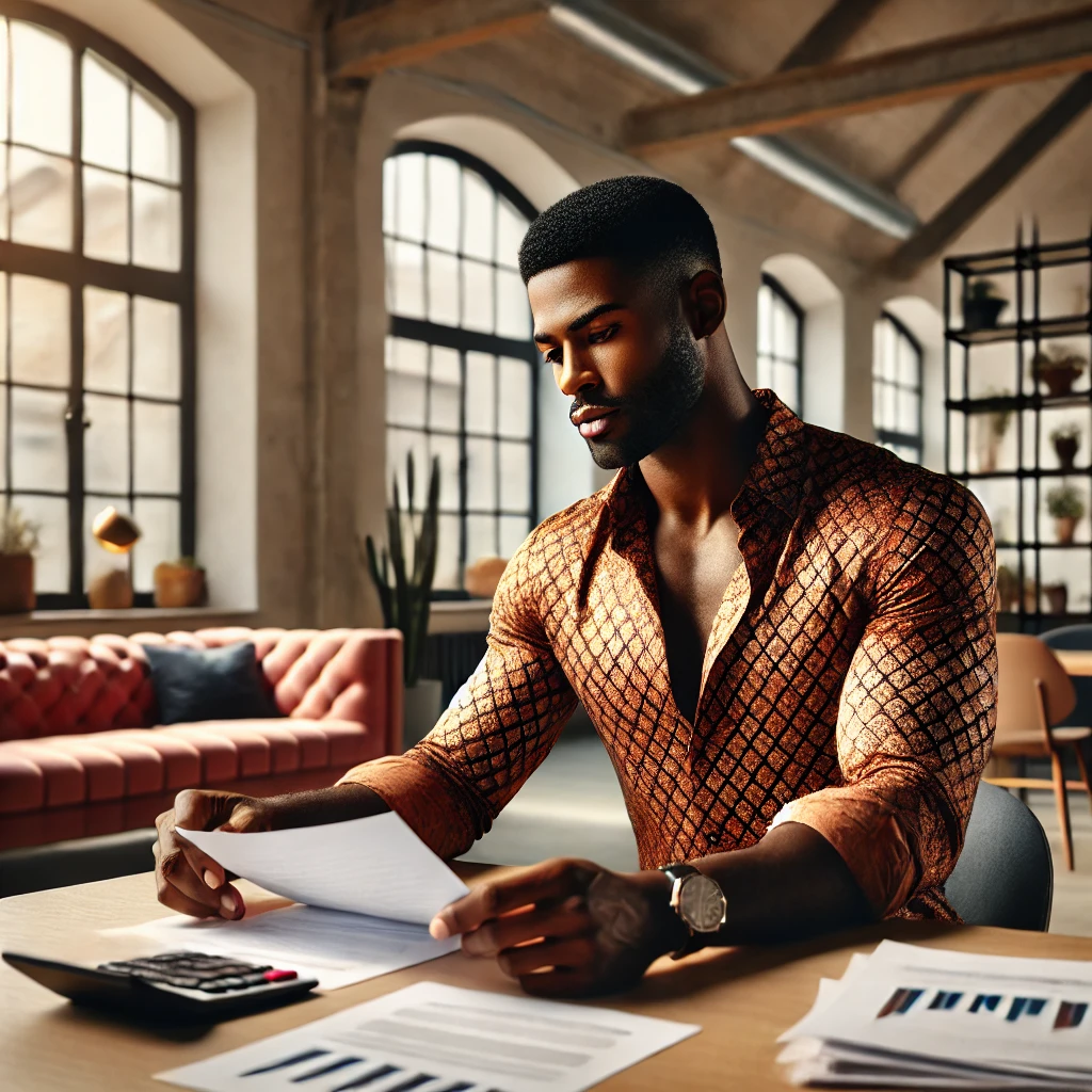 A man in a stylish shirt, likely a fee-only financial advisor, reviews documents at a desk in a well-lit office with large windows. A calculator and more papers are on the table.