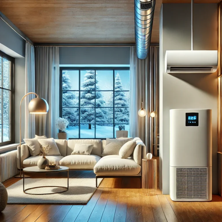 Modern living room with a white sofa, round coffee table, and stylish lamps. Large windows display a snowy landscape. An air purifier and vent are visible on the wall alongside an efficient heat pump, ensuring the space remains cozy regardless of the weather outside.