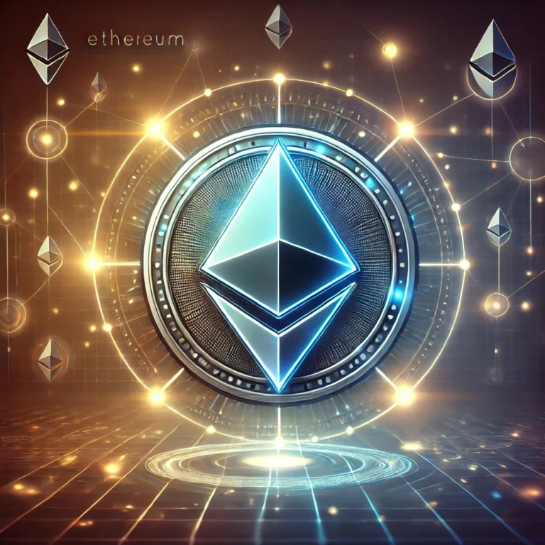 A futuristic Ethereum logo with glowing lines and nodes on a dark background symbolizes blockchain technology, digital connectivity, and the power of staking cryptocurrency.