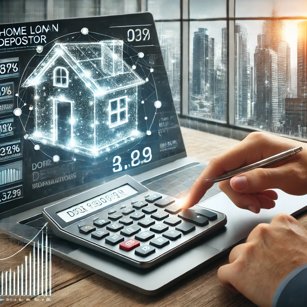 A person is using a mortgage deposit calculator on a laptop, which displays digital home loan data, graphs, and a holographic house image. The window reveals a cityscape backdrop, enhancing the understanding of savings in the context of urban living.