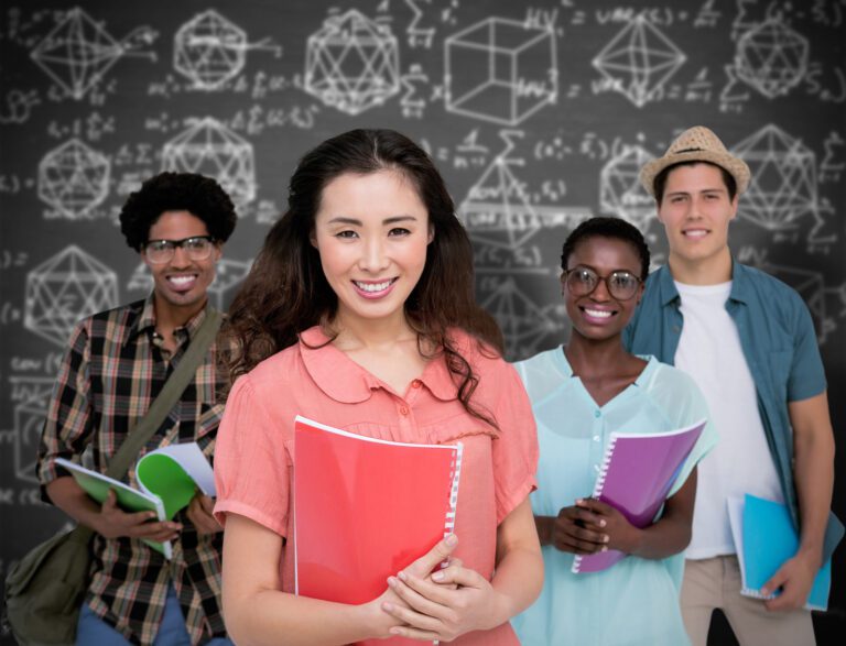 Four people stand in front of a chalkboard with geometric drawings, holding notebooks, eagerly discussing their next study group session and how they can make the most of student discounts to grab some well-deserved coffee afterward.