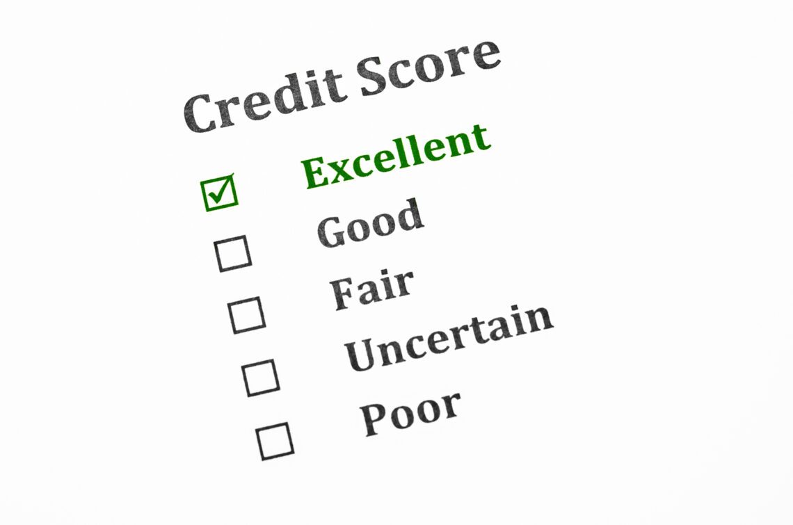 A checklist titled "Credit Score" proudly features "Excellent" checked in green. As you aim to improve your credit score, you'll find options like "Good," "Fair," "Uncertain," and "Poor," each waiting for their boxes to be checked with progress.