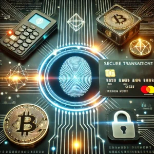 Futuristic digital security concept, featuring a fingerprint scanner, credit card, and Bitcoin symbols alongside secure digital payments elements like a hardware wallet and padlock, all seamlessly integrated into a glowing circuit board design.