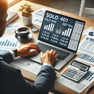 A self-employed professional analyzing retirement plan options on a laptop, with a comparison chart of Solo 401k and SEP IRA visible on the screen, alongside financial documents.