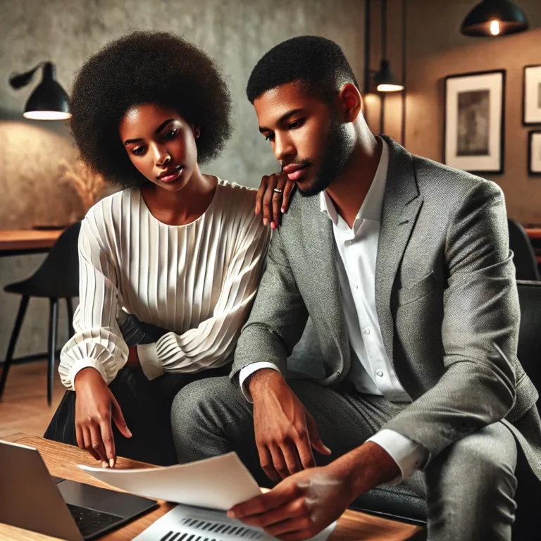 Two professionals, a business couple, review documents together at a desk. The man is in a gray suit, and the woman wears a white blouse. Focused on their work, they have a laptop nearby, embodying the essence of couples in business together.