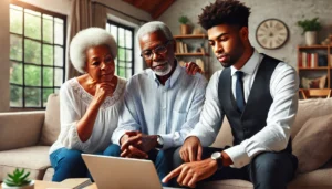 A young man in a suit, portraying the role of a wealth advisor, shows information on a laptop to an older couple in a cozy living room setting.