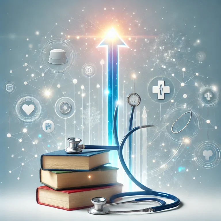 Books and stethoscopes with a glowing arrow, surrounded by medical icons and symbols, illustrate the advancement in medical knowledge, guiding those on their journey of learning how to become a nurse.