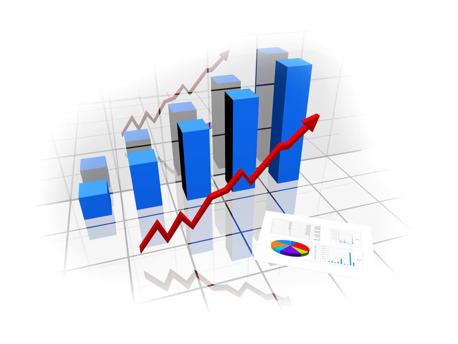 A 3D bar graph with blue bars and a red upward trend line on a grid background illustrates streamlining financial accounts. In the foreground, a document with charts and graphs further emphasizes this efficient approach.