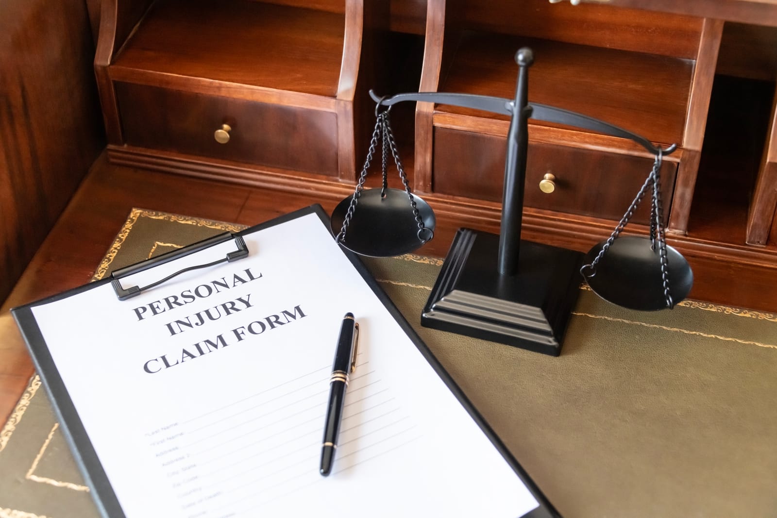 A personal injury claim form rests on a clipboard with a pen beside it, accompanied by a small balance scale atop a wooden desk.