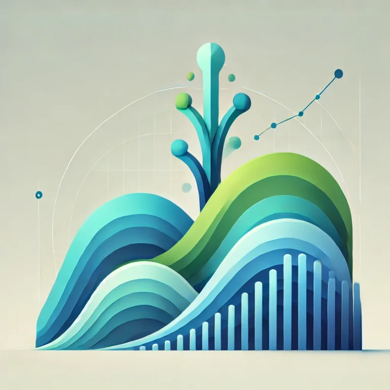 Abstract 3D illustration of layered waves and bars in blue and green tones, with a rising arrow chart in the background, symbolizing growth, upward trends, and the impact of compound interest.