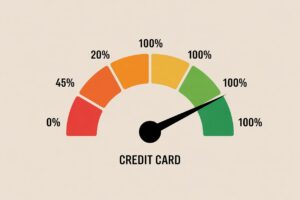 Illustration of a credit card gauge showing a low credit utilization ratio for better credit score.