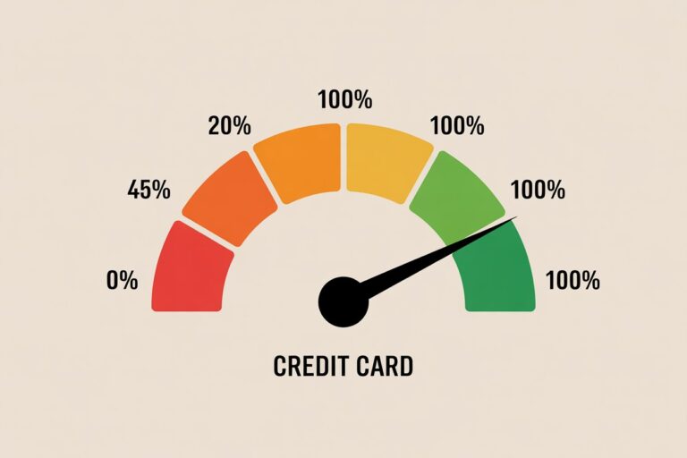 Illustration of a credit card gauge showing a low credit utilization ratio for better credit score.