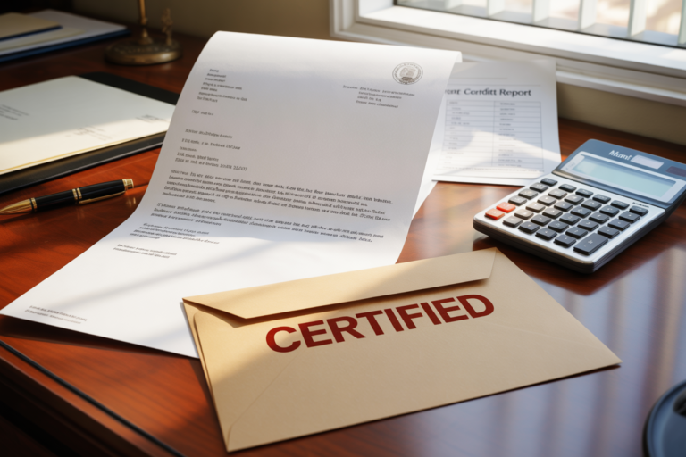 Pay-for-Delete Letter on a desk with certified mail and a credit report in the background.