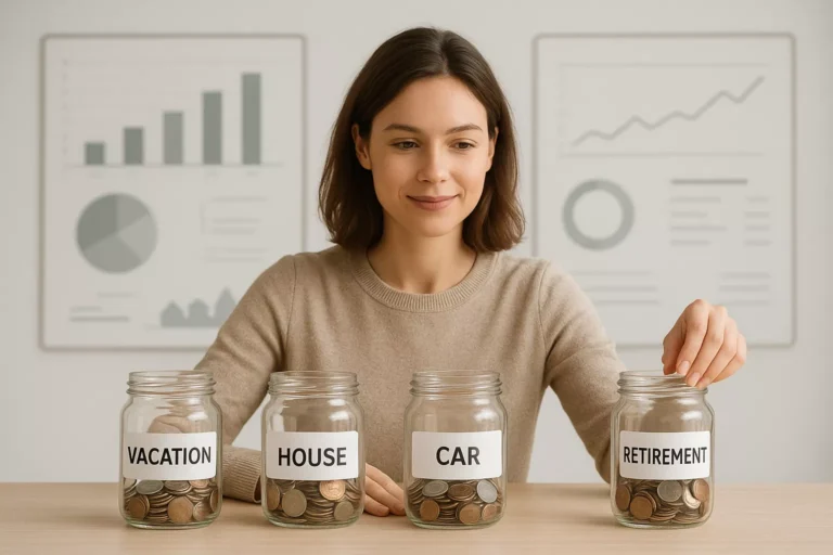 A visual concept of revenge saving strategies using multiple labeled savings jars.