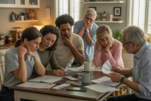 African American borrowers reflecting on how student loans ruined my life while planning finances at home.