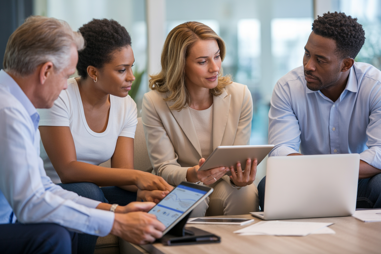 A financial advisor explaining qualified vs non qualified retirement plans to African American couples and professionals.