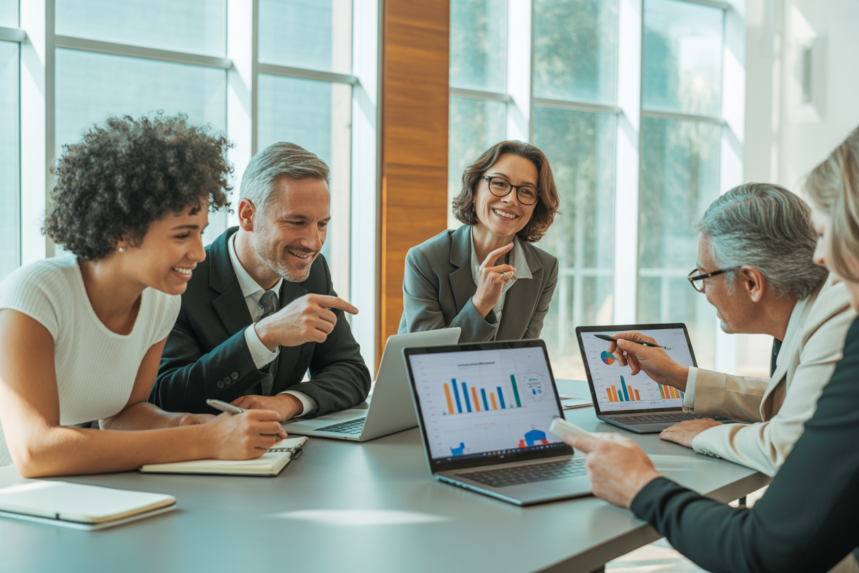 A diverse group reviewing strategies for retirement financial planning in a professional setting.